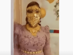 Mariage : Amina Saleh détrône Ngoye Fall avec son masque, sa ceinture et ses bracelets en or (Vidéo) Amina Saleh masque en or